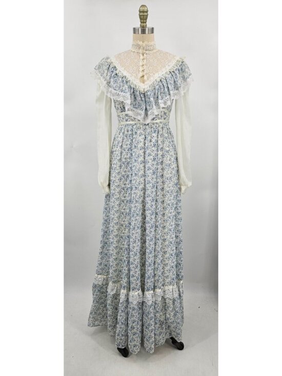 Gunne Sax Dresses & Skirts - VTG Gunne Sax Prairie Maxi Dress Womens 5 Blue Floral Cottagecore Lace Gauze